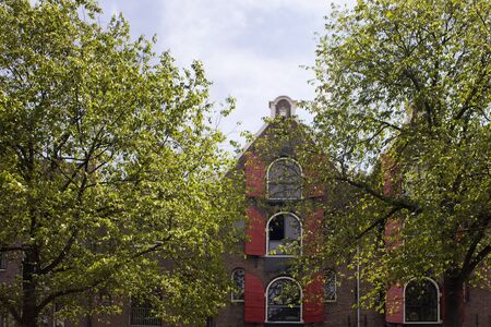 View of historical, traditional and typical buildings showing Dutch architectural style and trees in Amsterdam. It is a sunny summer day.の写真素材