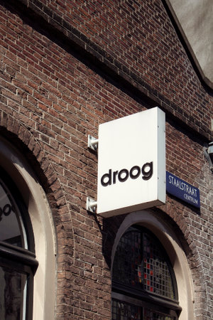 Close up view of conceptual Dutch design company's signage in Amsterdam.のeditorial素材