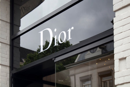 View of signage of French fashion goods manufacturer's store on on luxury shopping street named...