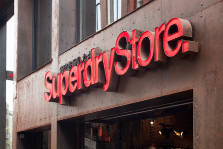 View of UK branded clothing company's store on Kalverstraat street in Amsterdam.のeditorial素材