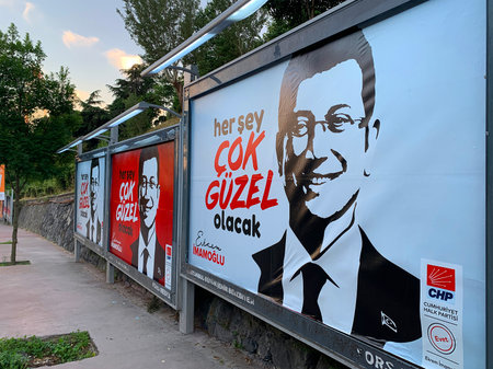 View of outdoor advertising billboards of selected mayor of Istanbul whose name is "Ekrem Imamoglu".のeditorial素材