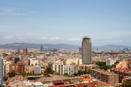 Aerial view of of Barcelona city from the park called "Parc del Mirador del Poble-sec". It is a sunny summer day.のeditorial素材