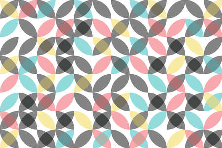 Seamless abstract background pattern made with transparent, colorful ellipses in flower abstraction. Modern, simple, playful, fun vector art in red, yellow, grey and blue colors.のイラスト素材