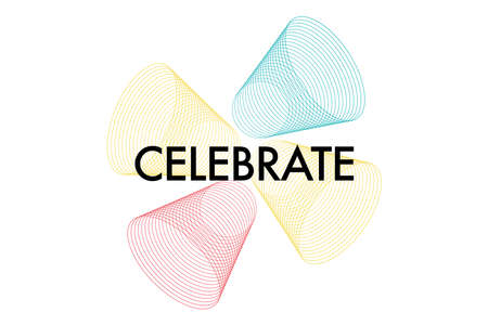 Playful, modern graphic design of a word "Celebrate" with repeated circles forming geometric shapes in yellow, blue, red and black colors. Urban typography.のイラスト素材