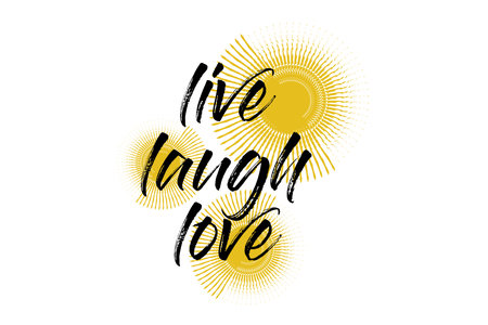 Modern, playful, bold graphic design of a saying "Live Laugh Love" with lines forming circles in yellow and black colors. Handwritten, brush stroke style typography.のイラスト素材
