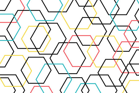 Abstract background pattern made with colorful hexagon shapes. Modern, playful, fun vector art in red, yellow, blue and black colors.のイラスト素材