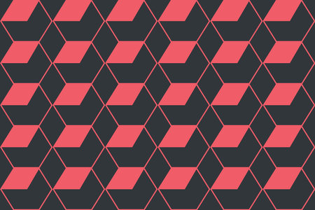 Seamless, abstract background pattern made with rhomboidal shapes forming cubes. Modern, simple, dynamic vector art in red and grey colors.のイラスト素材
