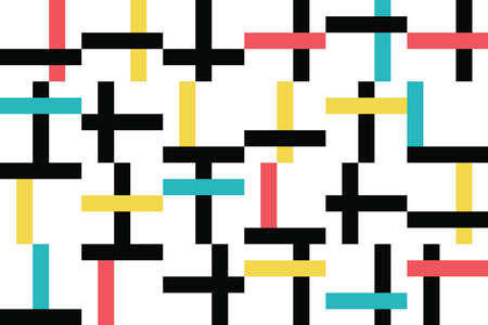 Abstract background pattern made with colorful rectangles forming cross shapes. Modern, simple, playful vector art in red, yellow, blue and black colors.のイラスト素材
