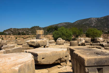 View of an ancient Greek sanctuary on the coast of Ionia called "Claros". The ruins of the sanctuary are found north of the town Ahmetbeyli in the Menderes district of Izmir Province, Turkey.の写真素材