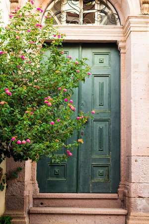 Close up view of old, historical, traditional green door and flowers in Aegean town called Cunda. It...