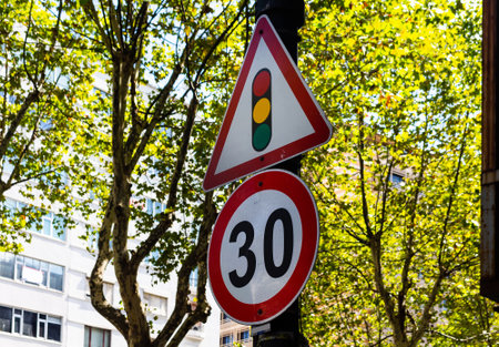 Close up view of traffic signs with trees in the background in Istanbul.の写真素材