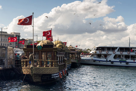 View of traditional boats used for selling fish sandwich by Galata bridge in Istanbul. The image reflects the culture of the city. It is a sunny summer day.のeditorial素材