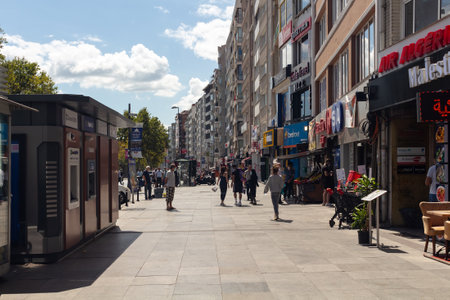 View of people walking on sidewalk by one of the main avenues called Halaskargazi in Sisli district of Istanbul. It is a sunny summer day.のeditorial素材