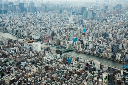 High angle view of the business district in Japan 