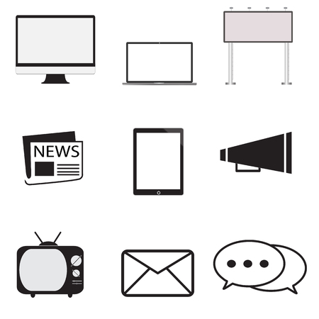 advertisement icons set in trendy flat style on white background. marketing symbol for your web site design, logo, app, UI. media and advertising vector sign.のイラスト素材