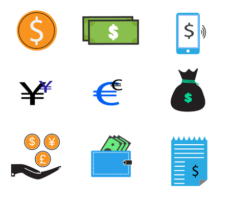 set dollar coin on white background. money bag, investment, check, monitor, euro sign, yen, dollar, wallet, phone pay, hand coin. money design for your web site design, logo, app, UI. money symbol.のイラスト素材