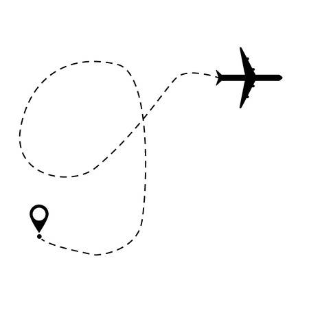 plane and track icon on a white background. flat style. airplane path in dotted line shape. airplane flying symbol. airplane line sign.のイラスト素材