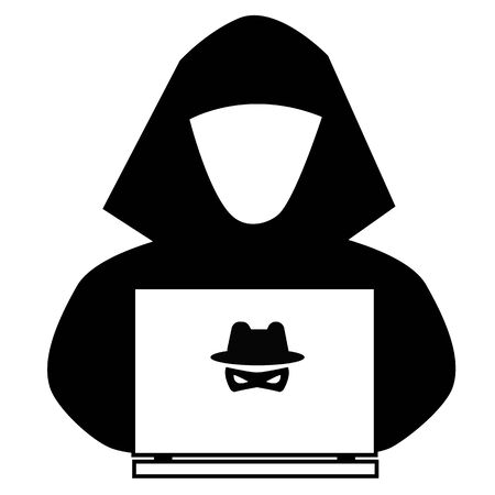 hacker icon on white background. flat style. anonymous spy icon for your web site design, app, UI. spy agent searching on laptop. cyber crime sign.のイラスト素材