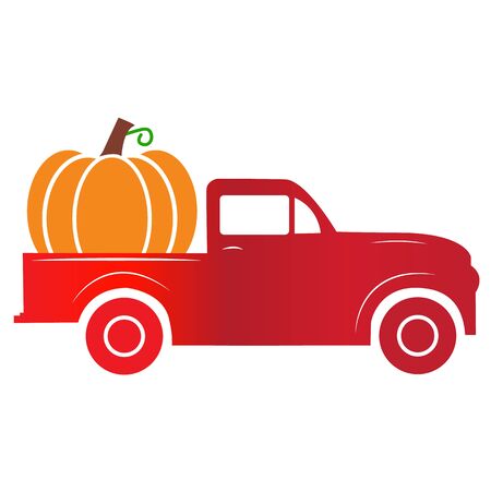 pumpkin truck sign. old red farm truck with pumpkin.のイラスト素材