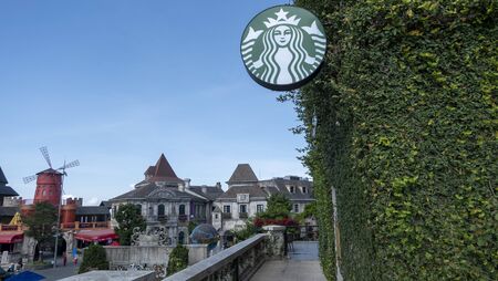 Danang , Vietnam - JUNE 5,2019: Sign Starbucks Coffee in Bana Hill resort. Company signboard Starbucks Coffee.のeditorial素材