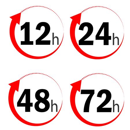 12, 24, 48 and 72 hours clock arrow icon on white background. flat style. delivery service time icons for your web site design, app, UI. work time effect symbol. clock arrow sign.のイラスト素材