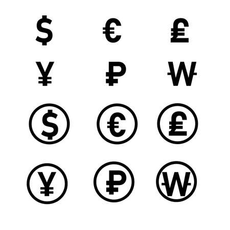 set currency icon on white background. Dollar, Euro, Pound, Yuan, Ruble, Won logo sign. money currency sign. flat style.のイラスト素材