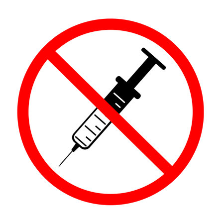 no drugs allowed icon on white background. no needles warning sign. no syringe symbol. medical syringe icon in red circle.のイラスト素材
