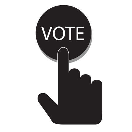 Hand pressing a button with the text VOTE icon on white background. flat style. Voting sign. polling sign. ballot symbol.のイラスト素材