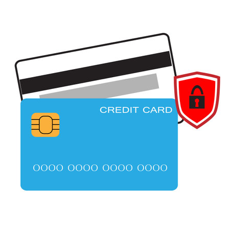 credit card with shield icon on white background. flat style. secure credit card locked sign. safety badge banking concept. protection shield credit card symbol.のイラスト素材