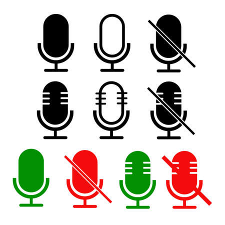 mute and unmute audio microphone set. microphone in mute and unmute sign. flat style. disable and unable speaker symbol for recording audio.  volume setting equipment symbol.のイラスト素材