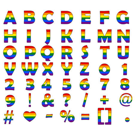 LGBT alphabet and number on white background. rainbow vector alphabet. colorful rainbow letter symbol.のイラスト素材