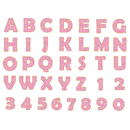 Donut alphabet and numbers on white background. Bakery sweet tasty font. Pink letters and numbers.のイラスト素材