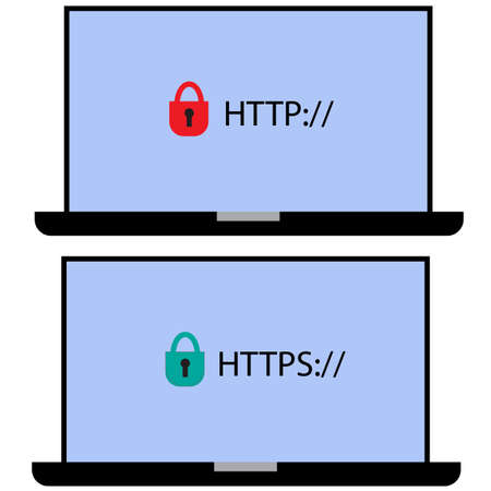 http and https protocols on white background. safe web surfing and data encryption sign. safe and Secure https symbol. flat style.のイラスト素材