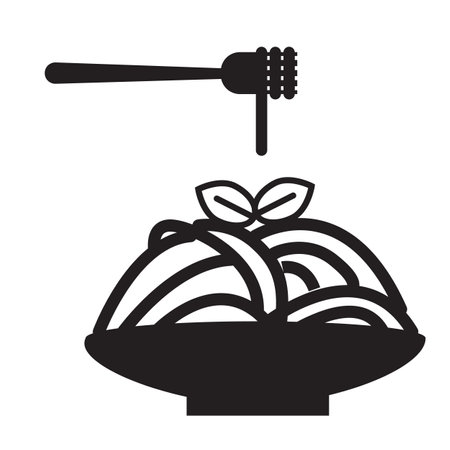 Spaghetti pasta icon on white background. Pasta on fork sign. Italian pasta on fork and plate symbol. flat style.のイラスト素材