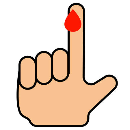 blood on finger icon on white background. people hand injured sign. insulin test symbol. diabetes concept. flat style.のイラスト素材