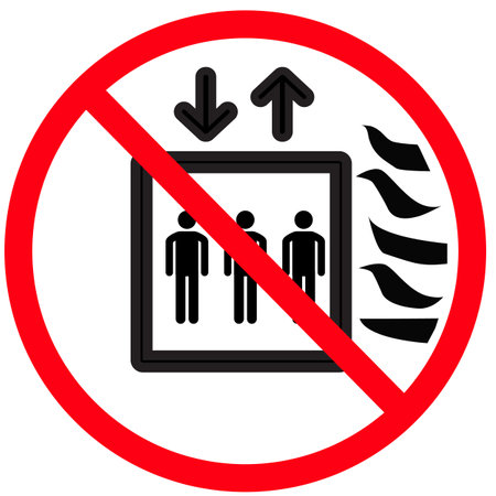 do not use lift in the event of fire sign. do not use elevator symbol. flat style.のイラスト素材