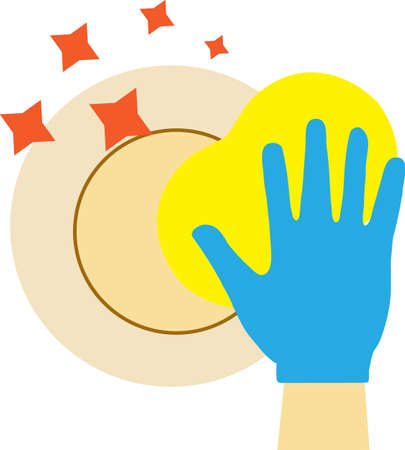 plate and sponge in hand icon. dishwashing concept. hand in gloves with sponge wash plate symbol. flat style.のイラスト素材