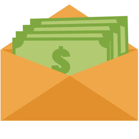 opened envelope with money on white background. dollar bills in yellow paper envelope. send money concept. cash icon. flat style.のイラスト素材