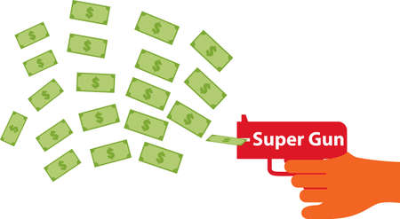 man shoots a gun with money on white background. man shoots money from a toy gun. flat style.のイラスト素材