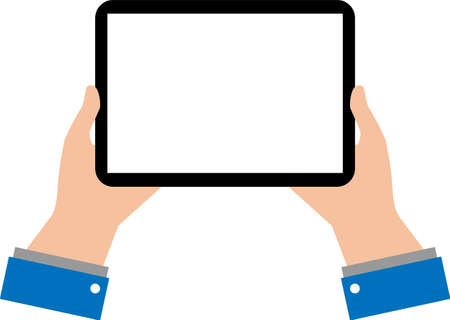 black empty tablet hands on white background. Businessman hold tablet with empty white screen. flat style.のイラスト素材