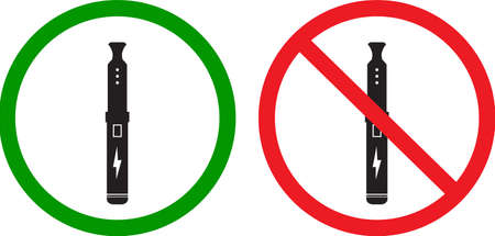 no vaping and vaping area signs. vape and smoke prohibition and green access circles. vaping area sign. electronic cigarette sign. flat style.のイラスト素材