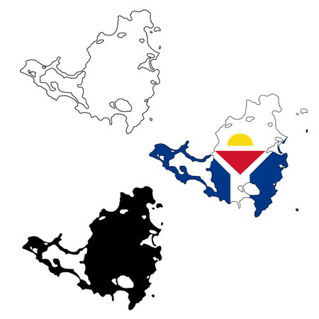 Map of Saint Martin Island with flag. Outline map Saint Martin Island. Saint Martin Island vector map silhouette. flat style.のイラスト素材