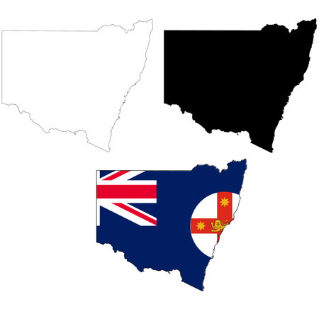 Map of New South Wales with flag. Flag of New South Wales maps territory. Outline map New South Wales. flat style.のイラスト素材