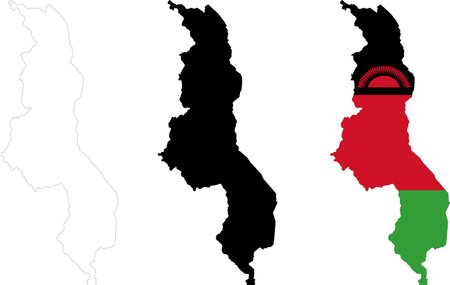 Map Malawi on white background. Malawi Map Outline. Malawi vector map with the flag inside.のイラスト素材