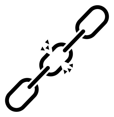 Broken chain link icon. Wreck chain link sign. Failure disconnection idea concept. Black broken chain symbol. Broken seo backlink logo. flat style.のイラスト素材