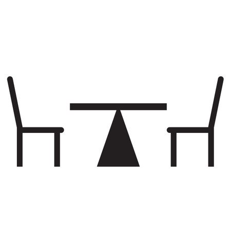 Dining table and chairs for two people. Maximum of 2 guests per table sign. Dining table and chairs for two people symbol. flat style.のイラスト素材