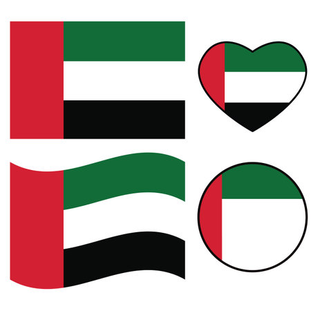 United Arab Emirates flag icon. Waving flag of United Arab Emirates. Heart United Arab Emirates flag. Round United Arab Emirates flag. flat style.のイラスト素材