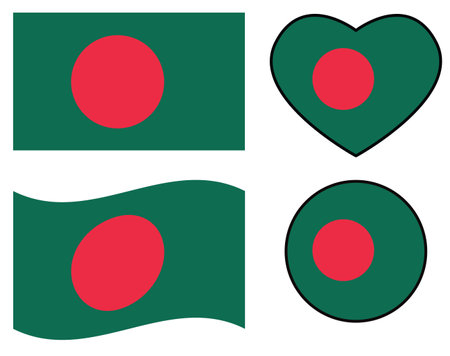 Bangladesh flag icon. Waving flag of Bangladesh. Heart Bangladesh flag. Round Bangladesh flag. flat style.のイラスト素材