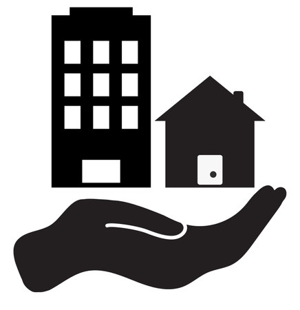 Property in hand icon. Buildings in hand sign. Property symbol. flat style.のイラスト素材