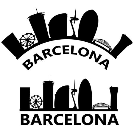 Barcelona Spain city skyline silhouette. Barcelona skyline sign. Landscape City Design. flat style.のイラスト素材
